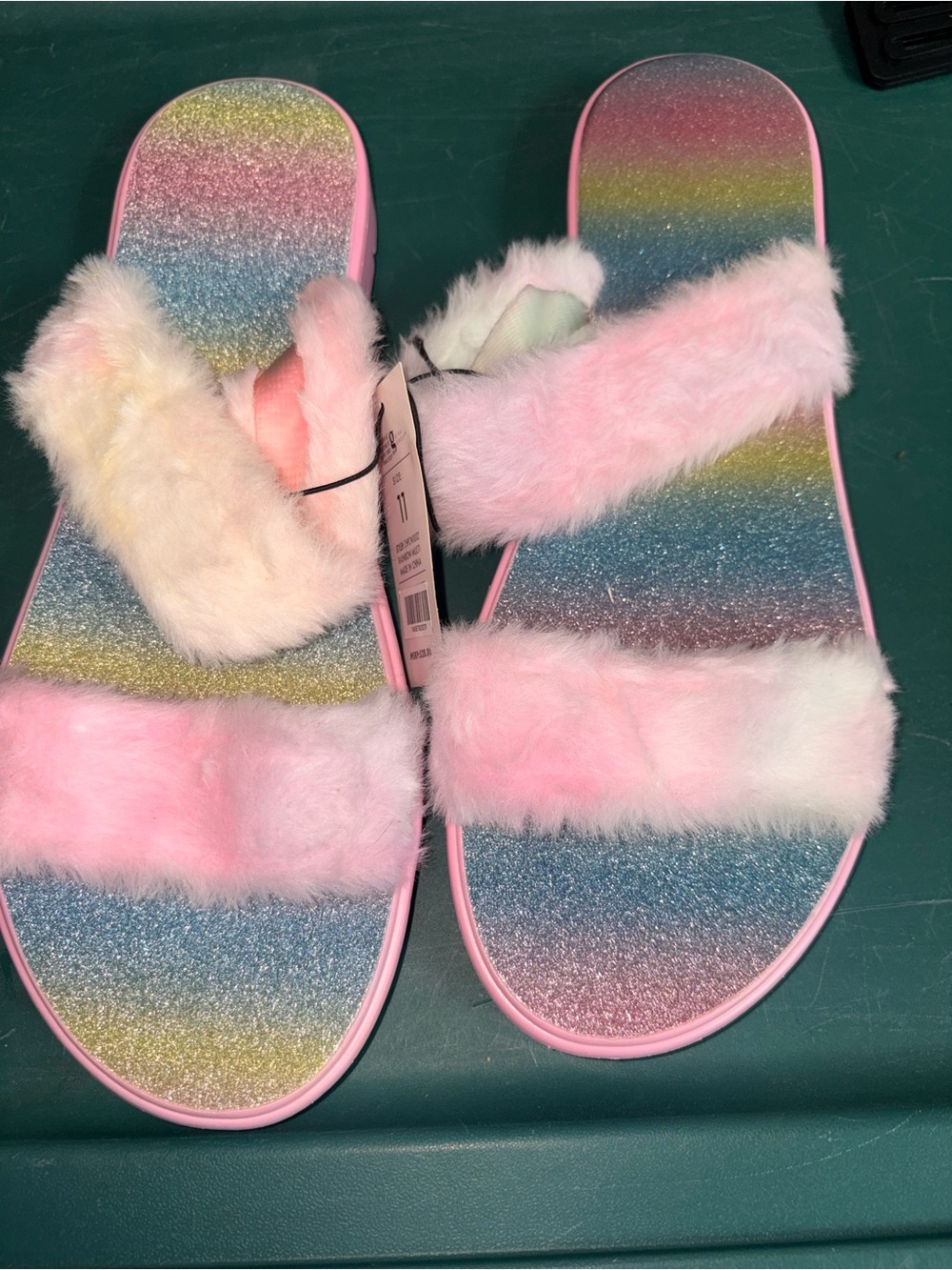 G by Guess Pink Faux-Fur Rainbow Slide Sandals